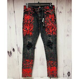 Famoso Regular Jeans Mens Size 34 / 32 Black Red Paint Splotch Distressed